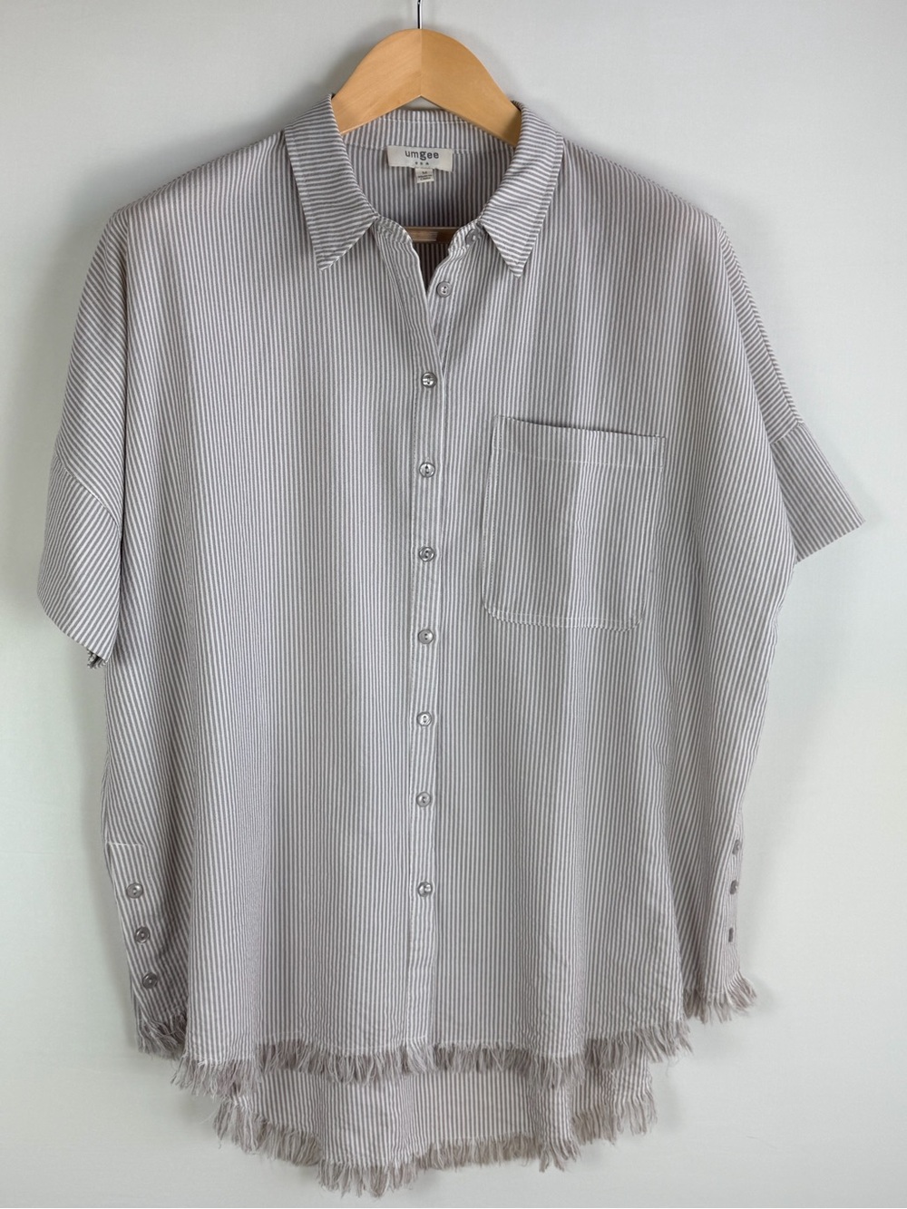 Umgee USA Medium Gray White Striped Button Down Shirt Fringe Hem Oversized